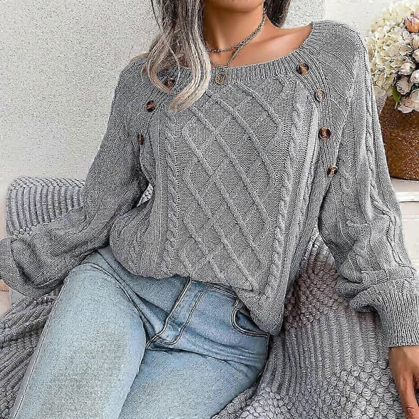Dame Striktrøje Hyggelig Jumper Udsalg Dame Efterårstrøje Stilfuld Fast Pullover Rundhalset Trøje Jumper grey L