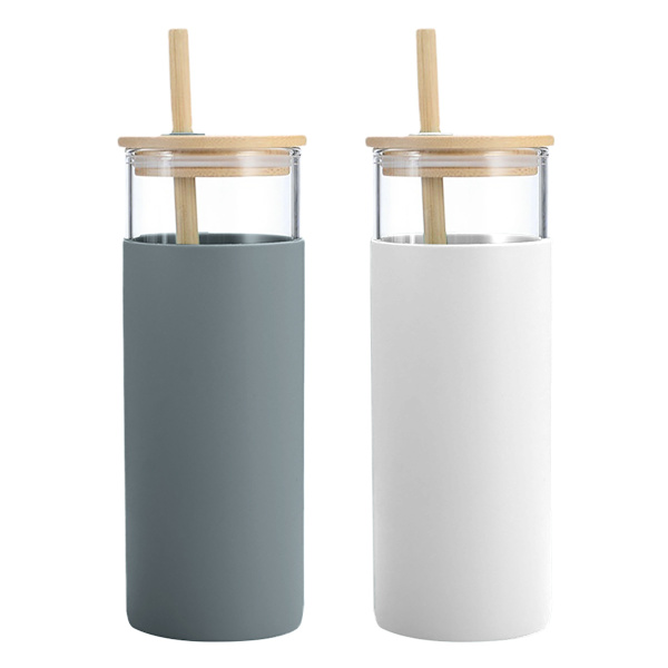 2 glas tumbler glas vattenflaska halm silikon skyddande lock bambu lock, BPA-fri.