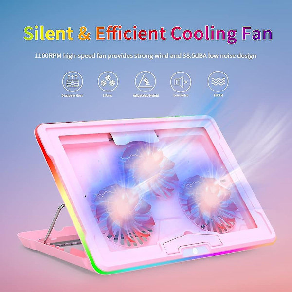 Pink Rgb Laptop Kølepude Med 3 Stille Led-Blæsere Og Touch-Betjening Til 15,6\"-17\" Bærbar, Justerbar Komfortabel Højde Bærbar Køler, Holdbar Ren
