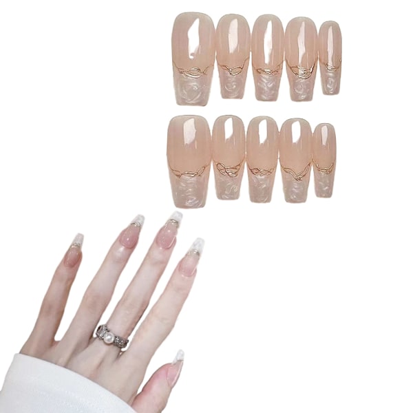 Langt trykk på negl Medium Coffin Nail Art med 3D luksusdesign Gjenbrukbare falske negler 10 stk med tilhørende neglekit 4 størrelser