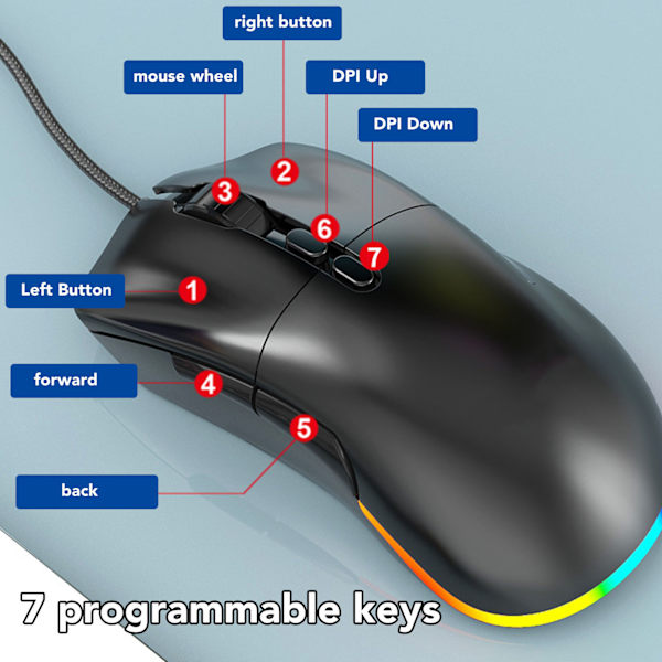 Trådløs mus med dobbelt tilstand, programmerbare knapper, RGB-baggrundsbelysning, justerbar DPI, ergonomisk gamingmus til spil, kontor og studie