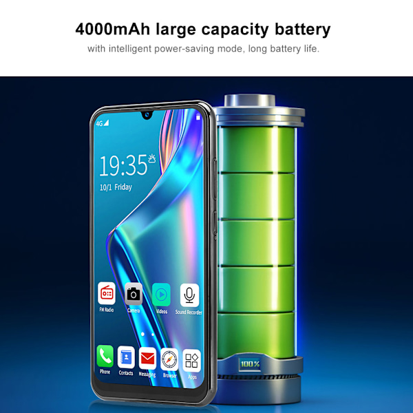 6,3 tums vattendroppsskärm 4+64G Dubbla SIM-kort 4000mAh Batteri Mobiltelefon Svart (100-240V) US