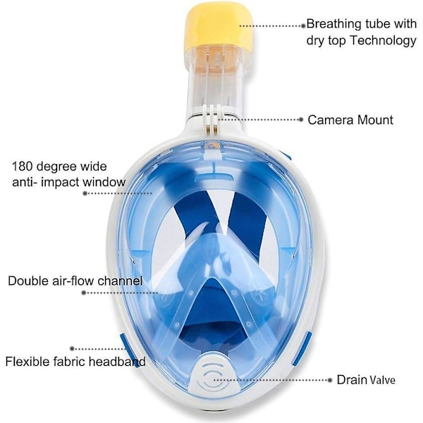 Dykkemaske med 180° synsfelt, snorklemaske full maske, dykkemaske full maske anti-dugg / anti-lekkasje - L/XL