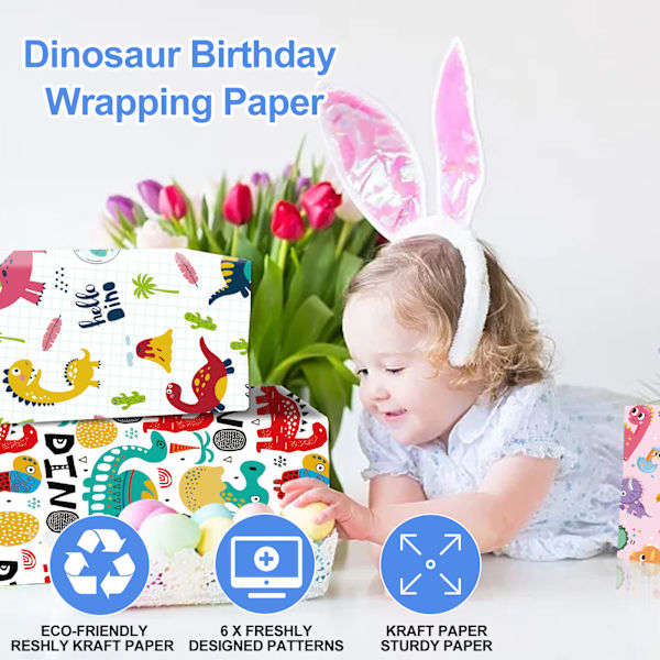 Dinosaurietecknad presentpapper, 6 ark 3 stilar mönster presentförpackning söt dino tema design, återvinningsbar dino presentinslagning för pojkar, flickor, barn
