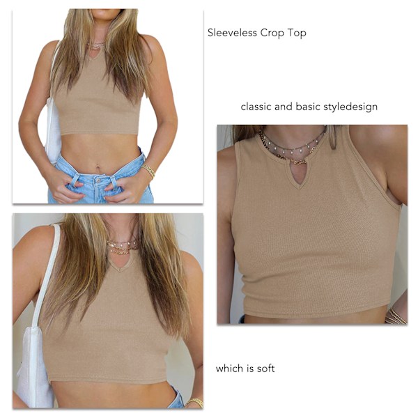 Ärmlös Crop Top för Dam V-ringad Slim Fit Casual Sommarväst Ribbstickad Topp för Fritid Turism Utomhus Aprikos XL