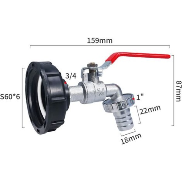 3/4 IBC afløbshane med slangekobling og adapter, grov