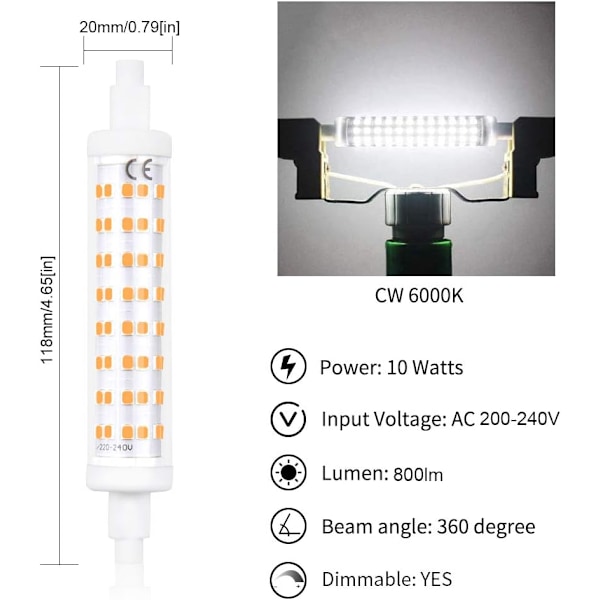 10W himmennettävä R7s 118mm LED-lyijykynälamppu, viileä valkoinen 6000K AC200-240V led-lineaarinen spotti vastaa 48 50 80W halogeenilamppua olohuoneeseen,