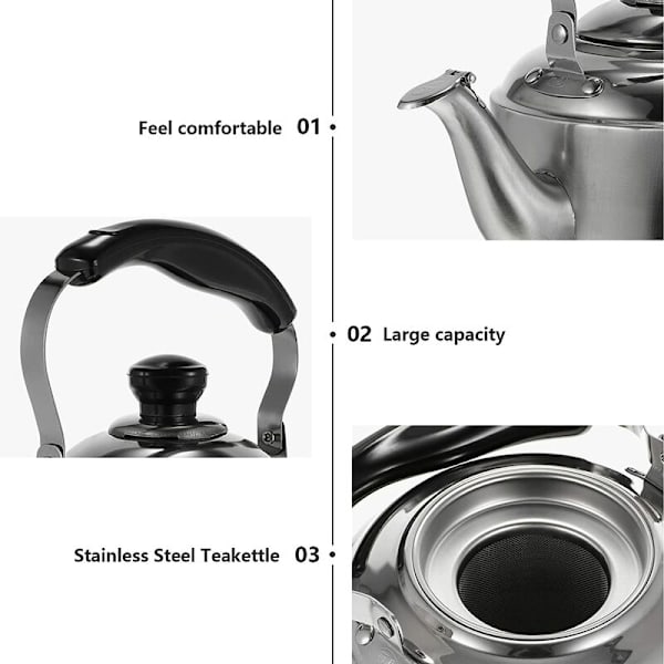 2L fløytekjele med ergonomisk rustfritt stålhåndtak Tekanne Kokende vann Drikk Varmerbeholder med sil for gasskomfyr hjemme