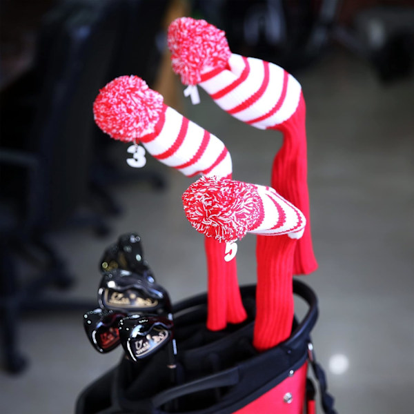 Stickad golfhuvudskydd set om 3 Pom Pom huvudskydd för driver fairway trähybrid med nummerlappar