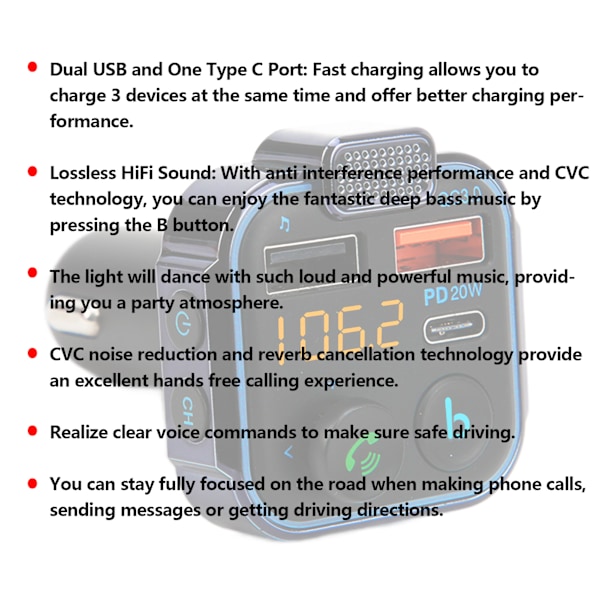 Bil FM-sender Bluetooth V5.0 Dobbel USB QC3.0 Rask lading HiFi lyd Håndfri 12‑24V