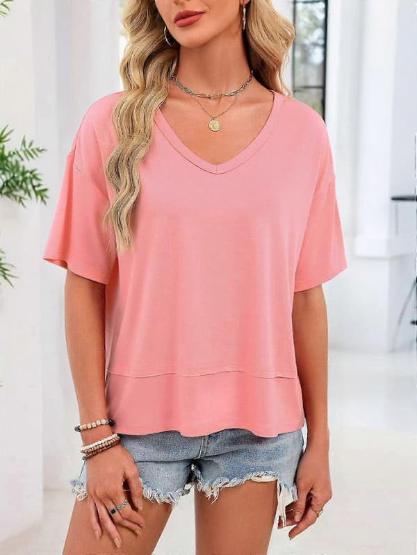 Sommer V-hals kortærmede toppe til kvinder, løse afslappede basis T-shirts i sort Pink M
