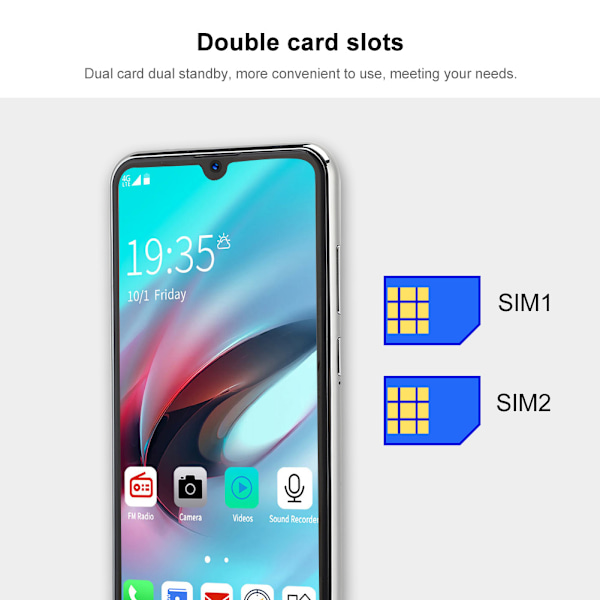 P37 6,3 tums Drop Screen Dubbla Kort Dubbla Standby Graduerad Blå Smart Mobiltelefon Smartphone 4+64G 100-240VUS-kontakt