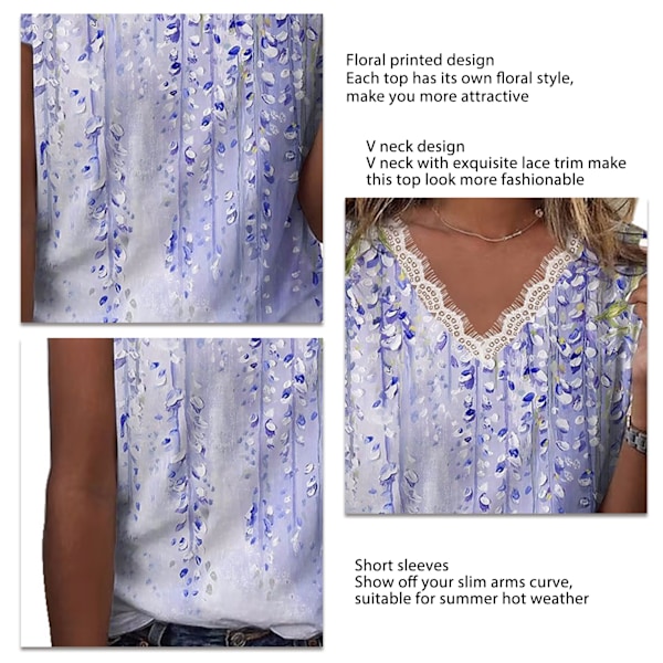 Wommen Sommar T-shirt Lös Kort Ärm V-ringad Spetskant Blommig Tryckt Topp för Kvinnliga Damer Tryck D Blå M