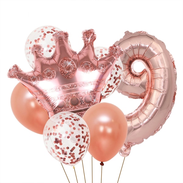 Bursdagsdekorasjoner - tallballong i rosa gull og kroneballong,