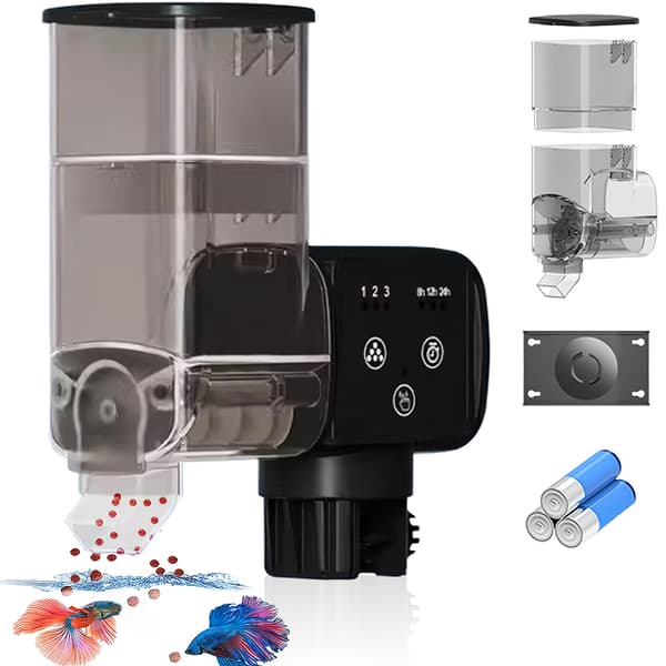 Automatisk akvariefoderautomat, tankkapacitet 250 ml, manuel og automatisk brug, smart, LCD-display, digital timer, batterier inkluderet, sort