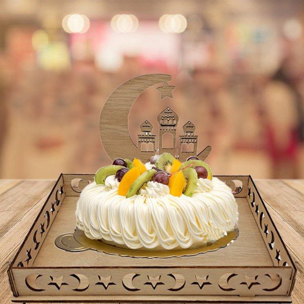 Eid Mubarak Bakke, Eid Mubarak Borddekorationsplade Træ, Ramazan Dekoration Dessert Kagebakke til Islam Fest Slik Kage Kiks