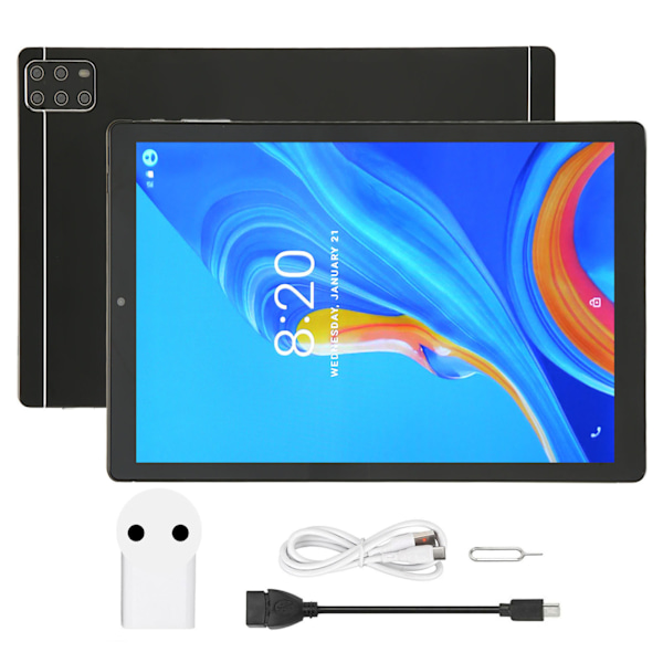 10,1-tums surfplatta för Android 12.0 5G WiFi 6GB 128GB Främre 2MP Bakre 5MP 10-kärnig CPU IPS-skärm Tablet PC 100‑240V Svart EU-kontakt