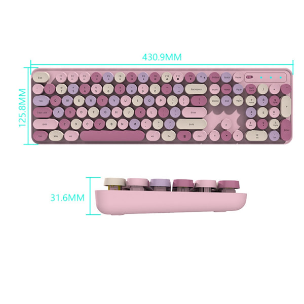 Färgglada dator trådlöst tangentbord Möss Combo, Retro skrivmaskin flexibla tangenter Office fullstort tangentbord, 2,4GHz Dropout-fri anslutning och optisk