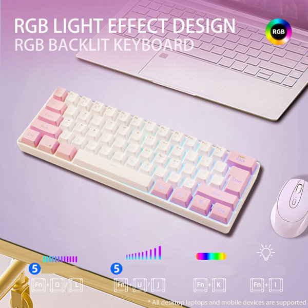 60% Trådbundet speltangentbord RGB Mini-tangentbord Imiterad mekanisk teknik Kompakt 61-tangenters tangentbord för spelare Skrivare Rosa Vit