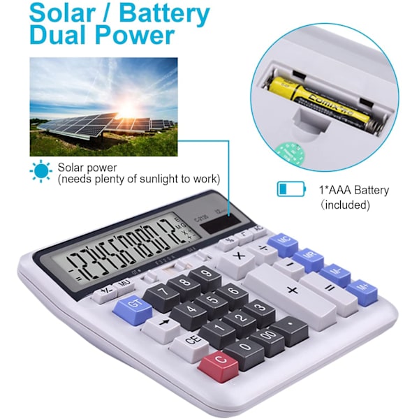 Skrivebords Kalkulator Sol Batteri Dual Power med 12-sifret Stor