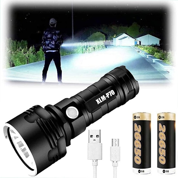 XLM-P70 Suuren Lumenin LED-taskulamppu, 30000-100000 Lumenin Tehokas Vedenpitävä Taskulamppu, USB-ladattava, 3 Valotilaa - Leirintään,