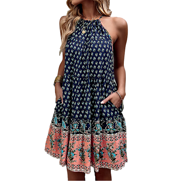 Halterneck Klänningar Ärmlös Boho Tiered Tryck Flödande Stor Fåll Casual Klänning för Sommar Mörkblå S