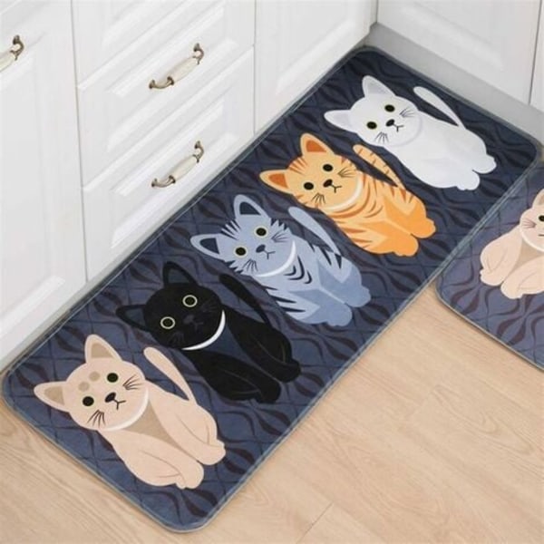 Kitchen Mat In Front of Sink Washable Non-Slip Flannel Cat Pattern Doormat Kitchen Mat Absorbent Long Anti Fatigue 40x60cm