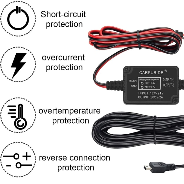 1 sett Dash Cam Mini USB 12V 30V til 5V Dash Cam Hardwire Kit Add