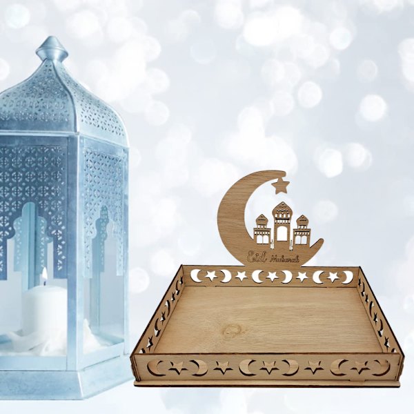 Eid Mubarak Bakke, Eid Mubarak Borddekorationsplade Træ, Ramazan Dekoration Dessert Kagebakke til Islam Fest Slik Kage Kiks