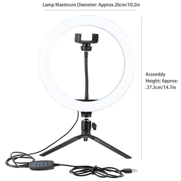 LED-ringlys for skrivebord med USB-fylllys og stativ for telefonholder til sminke, live-sending