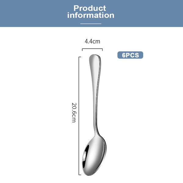 6 stk., 20,3 cm, Kailatong rustfrit stål, ske, suppeske, dessertske, brudt tallerken, tåler opvaskemaskine, 6-delt sæt