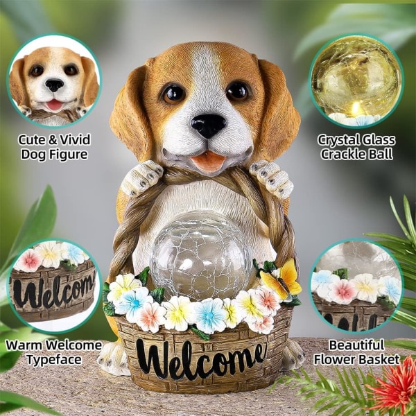 Haveornament, solcelledrevet hundestatue harpikshaveornament med revnet glas krystalkugle solhave statue LED dyreornamenter