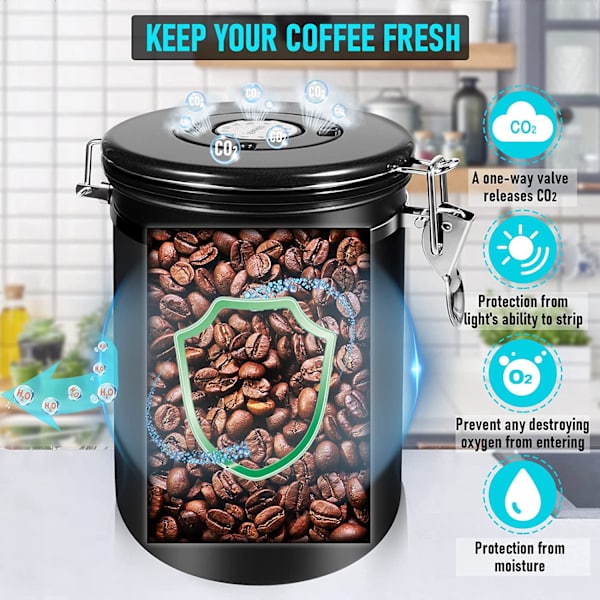 Kaffebeholder lufttæt 35OZ Stor, 2,2 lbs Kaffeopbevaring