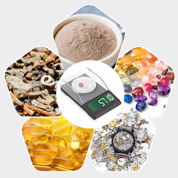 Tarkkuustaskuvaaka, 50g/0,001g Precision Scale -koruvaa'at, kannettava digitaalinen vaaka LCD-näytöllä, kalibrointipainolla, pinsetit,