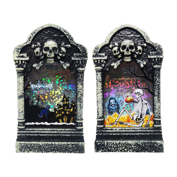 2pcs Headstone Lights, Halloween LED Tombstones Skull Graveyard