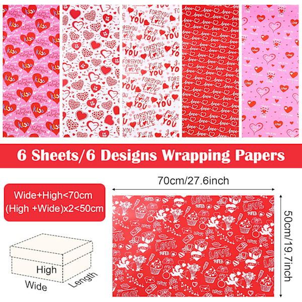 Kärleksgåva inslagning papper, 6 st 50×70cm rött hjärta premium årsdag inslagning papper, återvinningsbar förpackning perfekt för alla hjärtans dag, bröllop,