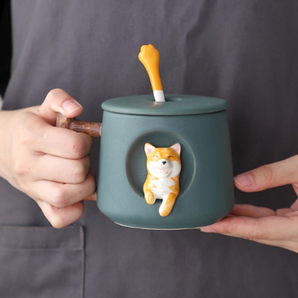 Keramisk kaffekopp, 3D Shiba Inu djurmönsterkopp, intressant trädesignhandtag och matchande sked, mycket lämplig för presenter-420ml.