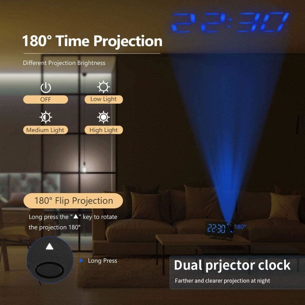 Radiovekkerklokke med projeksjon, projeksjonsvekkerklokke, digital vekkerklokke med dobbel alarm, 4 alarmtoner med 10 volum, 15 FM-radio, USB-port,