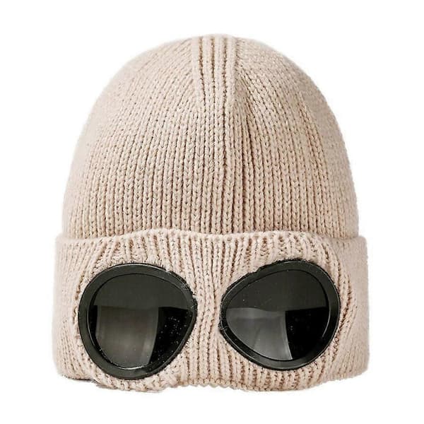 Unisex Goggles Stickad Mössa Vindtät Varm Vintermössa Beige