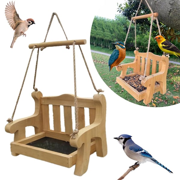 Fuglefoder Swing Hængende Fuglefoder Træ Stol Form Swing Fuglefoder til Vindueskarm Træ