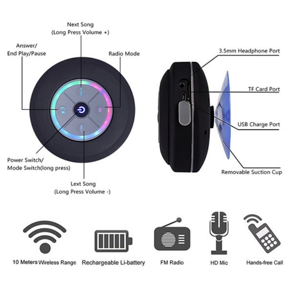 Q9 Kreativ Badrum Sugkopp LED Flash Musik Bluetooth Högtalare