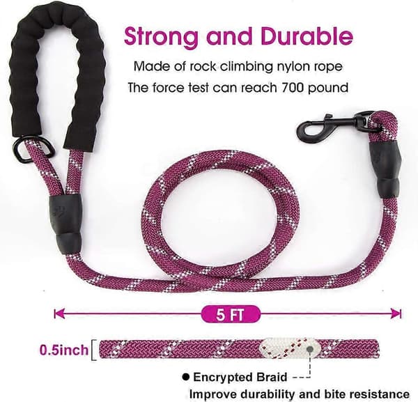 5 FT Strong Dog Leash with Comfortable Padded Handle and Highly Reflective Threads for Small, Medium, and Large Dogs (5-FT, Purple)[TT]