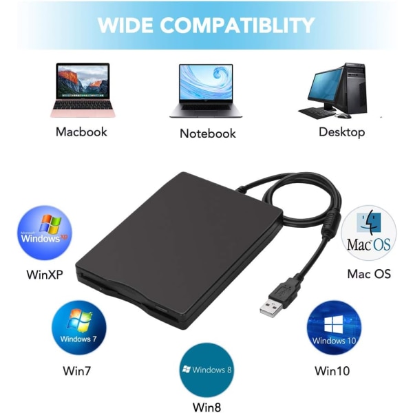 USB levykeasema, USB ulkoinen levykeasema 1,44 Mt Slim Plug and Play FDD-asema PC:lle Windows 2000/XP (musta)