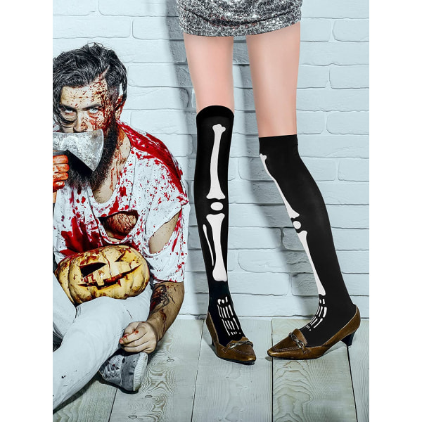 Damestrømper høje sokker til Halloween kostume, 2 par (knogle