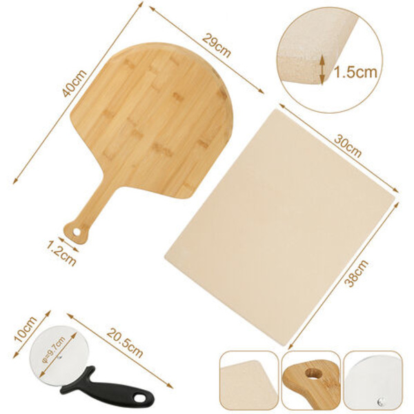 Cordierit pizzasten rektangulær brødsten træ pizzaspade HxBxD: 15 x 300 x 380 mm