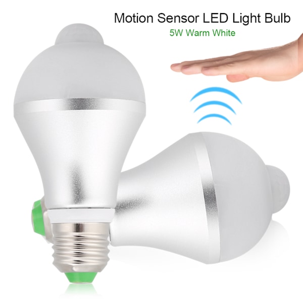E27 5W PIR Infraröd Automatisk Rörelsesensor LED-lampa Glödlampa för Toalett Parkering Varmvit 3200K