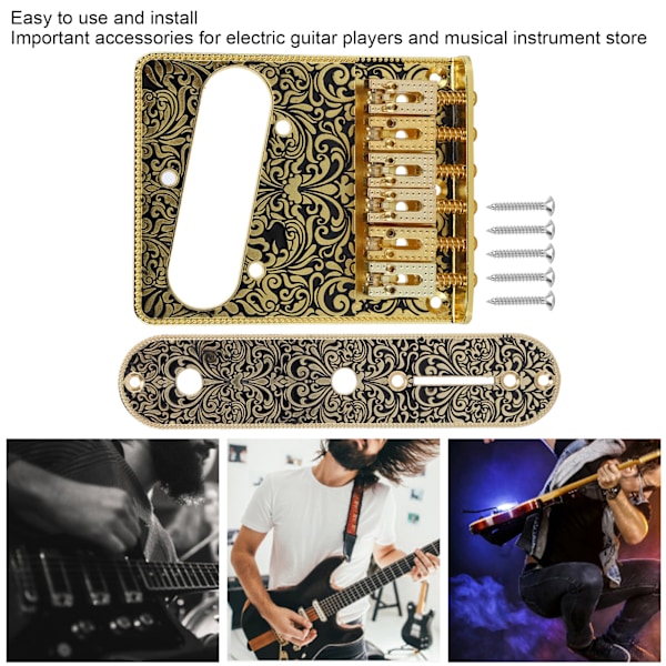 Elektrisk gitarrbro med snidade mönster, 6 sadelstycken, stjärtstycke, tillbehör till elektrisk gitarr, guld