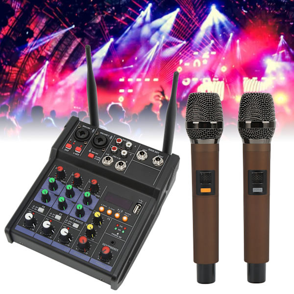 4-kanals lille Bluetooth-stereomixer med 2 trådløse mikrofoner Familiestereoprocessor til livestreaming