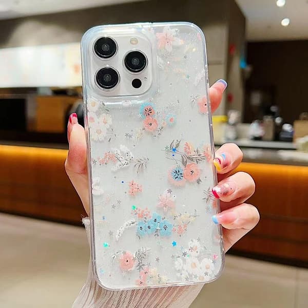 For iPhone 14 Pro Fresh Small Floral Phone Case Drop Glue Protective Case