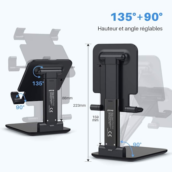 Anozer Foldbar Desktop Angle Tablet Holder, Justerbar Telefonholder med Anti-Slip overflade og aluminiumslegering til iPad Air, Huawei Tablet, Samsung,